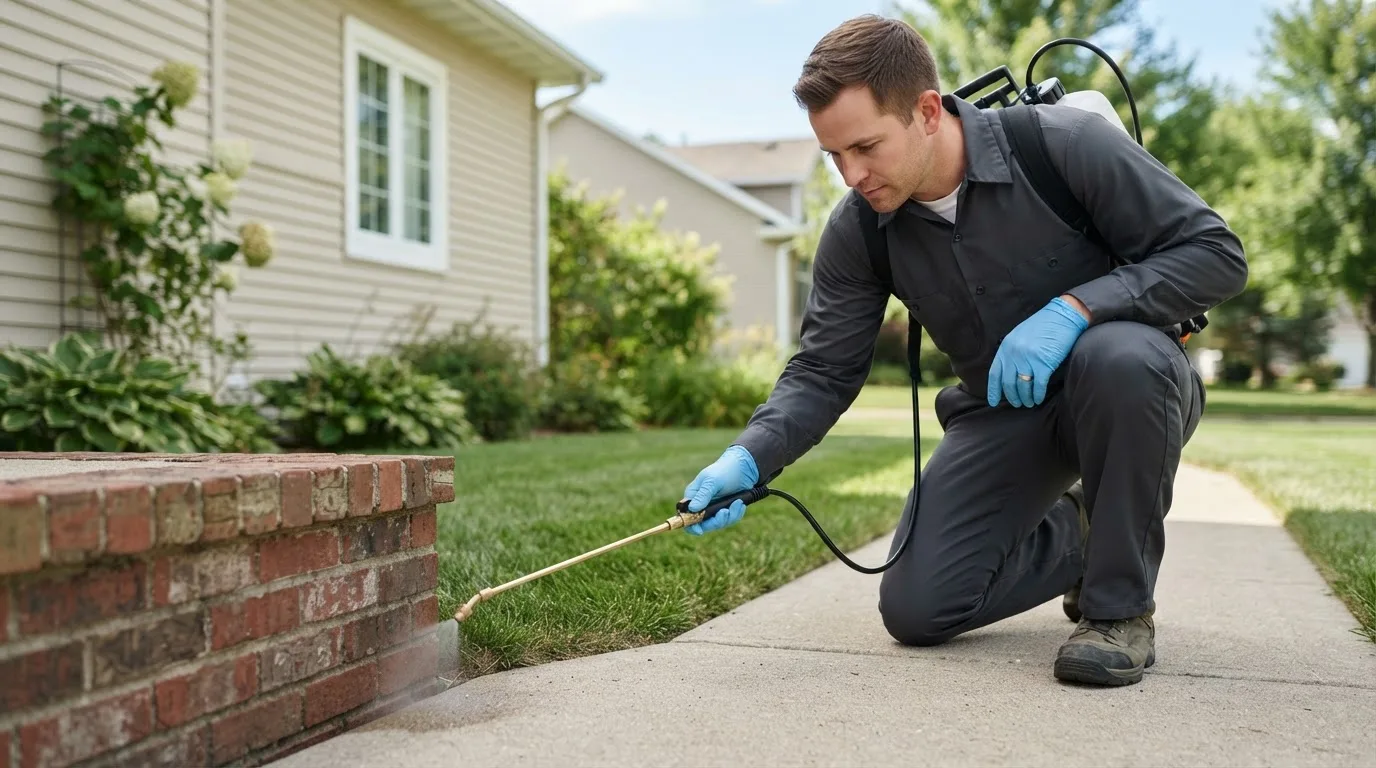 Pest control technician treating a home near Reno, OH