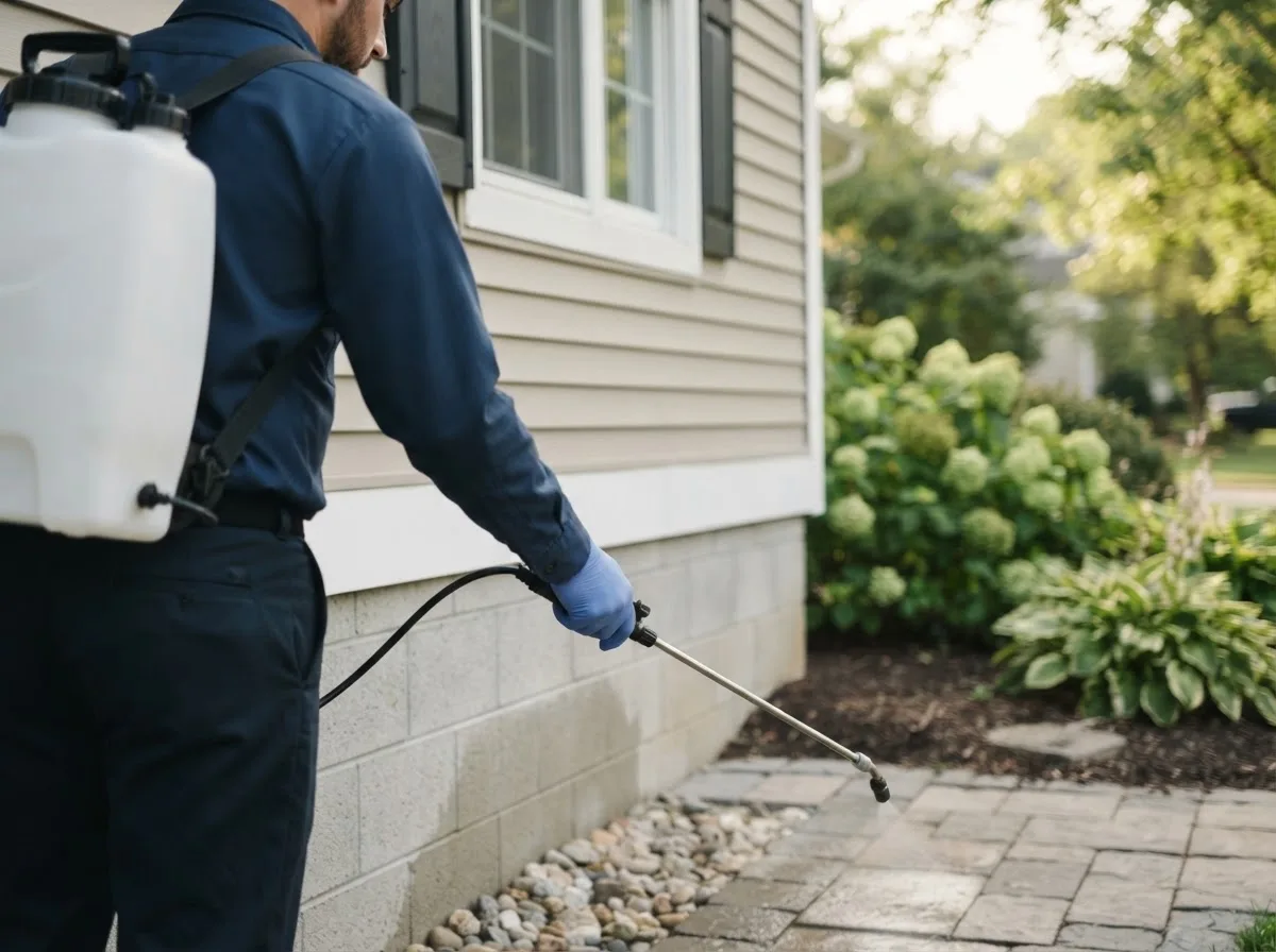 Pest control technician inspecting a home in Reno, OH